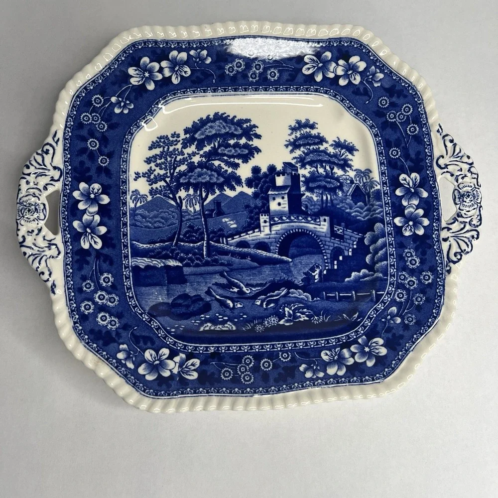 Spode Blue Tower Square Ceramic Platter with Handles England